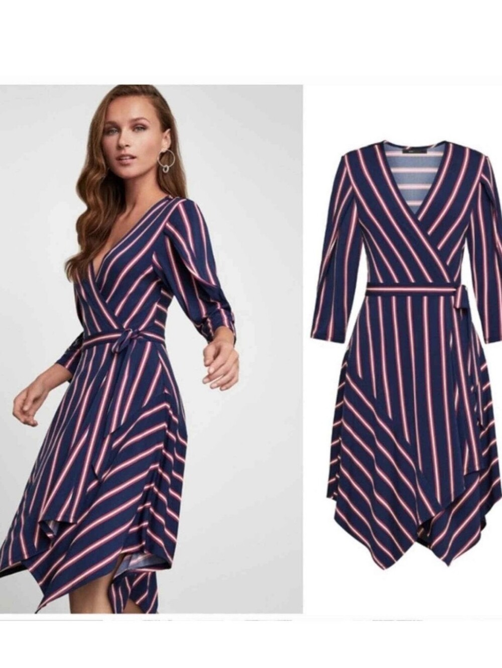 BCBGMAXAZRIA Striped Wrap Dress Blue V Neck Size Small
